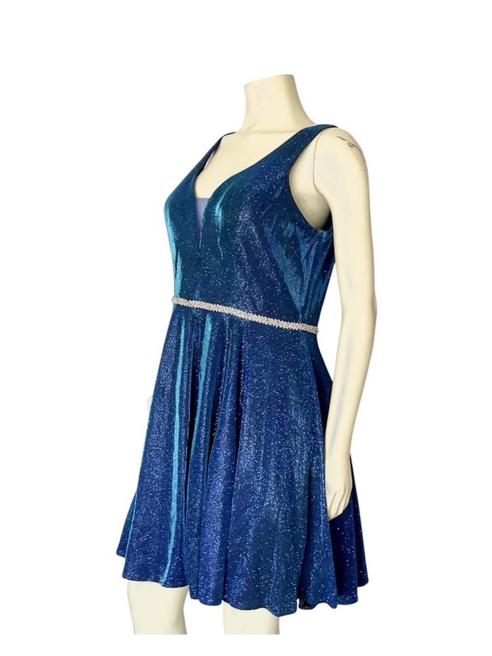 Sparkling Blue V-Neck Sleeveless Mini Dress with Rhinestone Waist